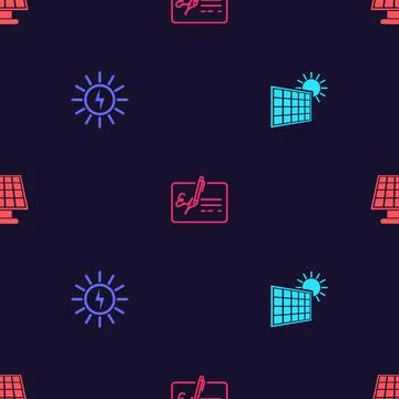 Set Solar energy panel and sun, , Signed document and on seamless pattern Stock Illustration