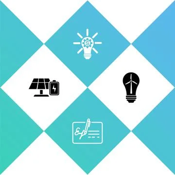 Set Solar energy panel and battery, Signed document, Light bulb with gear and Stock Illustration