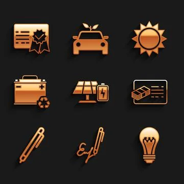 Set Solar energy panel and battery, Signature, Light bulb, Financial document 스톡 일러스트