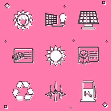 Set Solar energy panel, and light bulb, Financial document, Sun, Certificate 스톡 일러스트