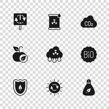 Set Solar energy panel, Banner for bio, Garbage bag, Acid rain radioactive .. Stock Illustration