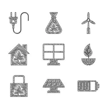 Set Solar energy panel, Battery, Earth globe and leaf, Paper bag with recycle Ilustración de archivo