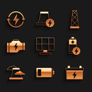 Set Solar energy panel, Battery, Car battery, Nuclear power plant, Check engine Stock Illustration