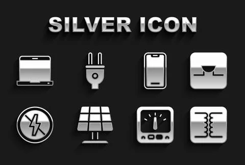 Set Solar energy panel, Buzzer in electronic circuit, Electrical transformer Stock Illustration