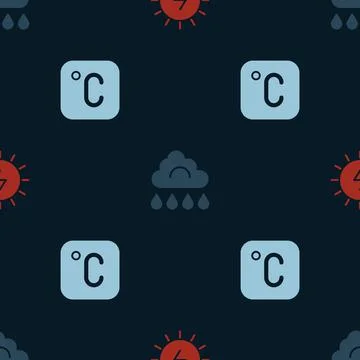 Set Solar energy panel, Cloud with rain and Celsius on seamless pattern. Vector Stock Illustration