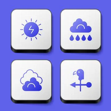Set Solar energy panel, Cloud with rain,  and Rooster weather vane icon. Whit Stock Illustration