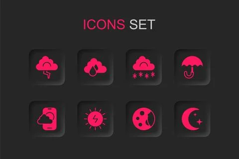 Set Solar energy panel, Cloud with rain, and lightning, Moon phases, Umbrel.. Ilustração Stock