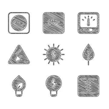 Set Solar energy panel, Creative lamp light idea, Electrical transformer, Leaf Stock Illustration