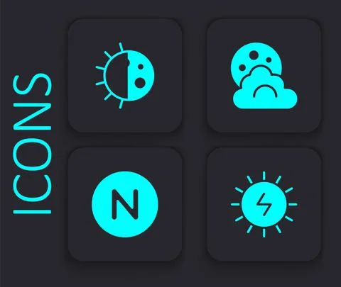 Set Solar energy panel, Day night cycle, Cloud with moon and Compass north icon Ilustração Stock