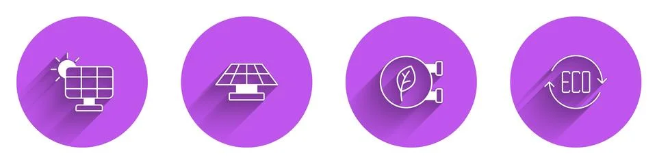 Set Solar energy panel, Eco shop and Leaf symbol icon with long shadow. Vecto 库存插图