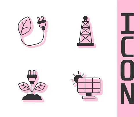 Set Solar energy panel, Electric saving plug in leaf, and Oil rig icon. Vector Stock Illustration