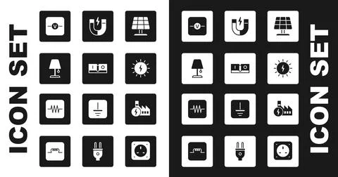 Set Solar energy panel, Electric light switch, Table lamp, Voltmeter, Magne.. Stock Illustration