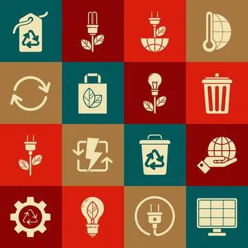 Set Solar energy panel, Human hands holding Earth globe, Trash can, Electri.. Stock Illustration