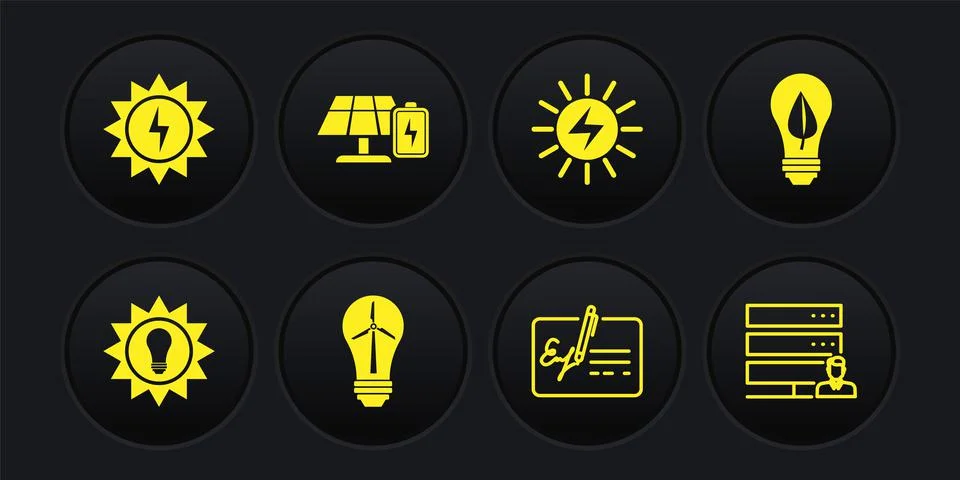 Set Solar energy panel, Light bulb with leaf, wind turbine, Signed document, and Stock Illustration