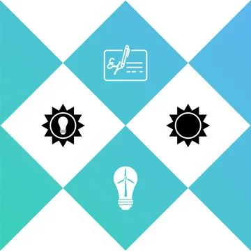 Set Solar energy panel, Light bulb with wind turbine, Signed document and Sun Stock Illustration