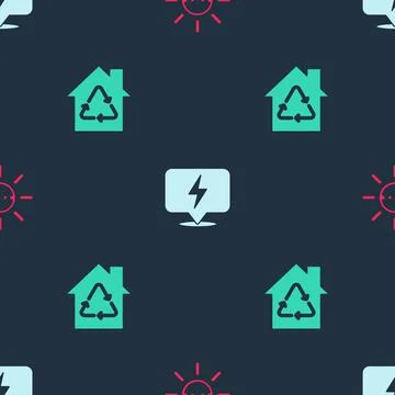 Set Solar energy panel, Lightning bolt and Eco House with recycling on seamless 스톡 일러스트