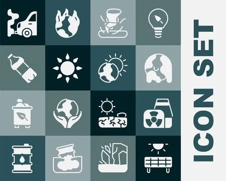 Set Solar energy panel, Nuclear power plant, Global warming, Tornado, Sun Ilustração Stock