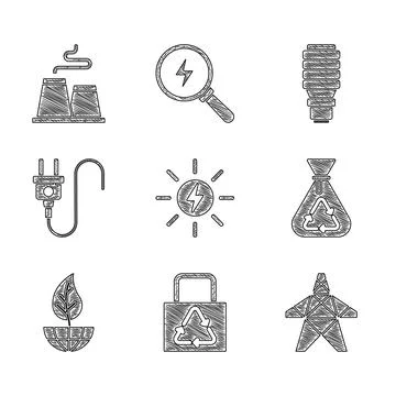 Set Solar energy panel, Paper bag with recycle, Electric tower, Garbage, Earth Ilustración de archivo