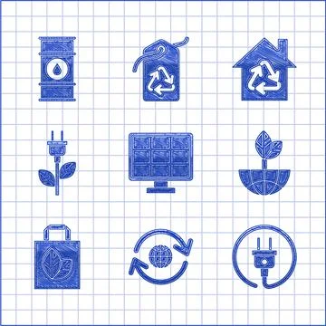 Set Solar energy panel, Planet earth and recycling, Electric plug, Earth globe Ilustración de archivo