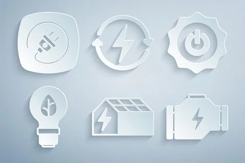 Set Solar energy panel, Power button, Light bulb with leaf, Check engine, R.. Stock Illustration