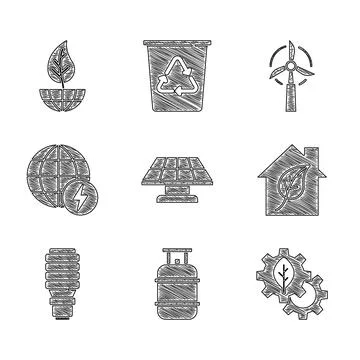 Set Solar energy panel, Propane gas tank, Leaf plant in gear machine, Eco Stock Illustration