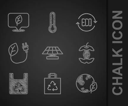 Set Solar energy panel, Shopping bag with recycle, Earth globe and leaf, Ap.. Stock Illustration