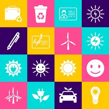 Set Solar energy panel, Smile face, Identification badge, Signed document, Pe Illustrazione stock