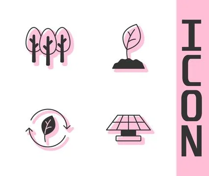 Set Solar energy panel, Tree, Recycle symbol with leaf and Sprout icon. Vector Illustrazione stock
