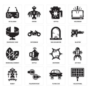 Set of Solar panel, Flying car, Robot, Graphene, Renewable energy, Egg incuba Illustrazione stock gratuita