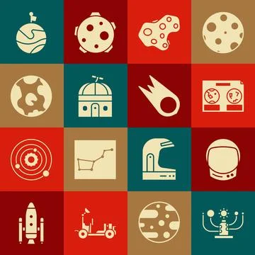 Set Solar system, Astronaut helmet, Celestial map of the night sky, Asteroi.. Stock Illustration