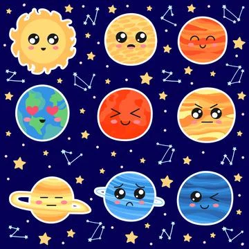 Set of solar system cute planets with kawaii faces stickers on dark backgroun Stock Illustration