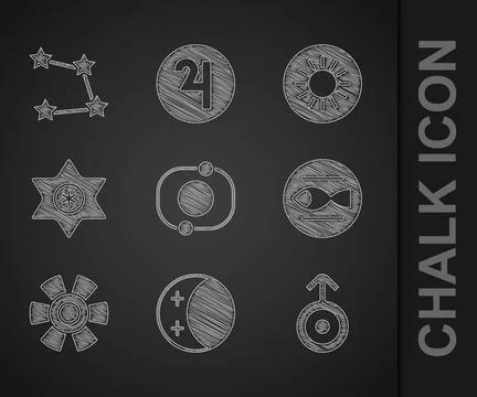 Set Solar system, Eclipse of the sun, Symbol Uranus, Pisces zodiac, Sun, Falling Stock Illustration