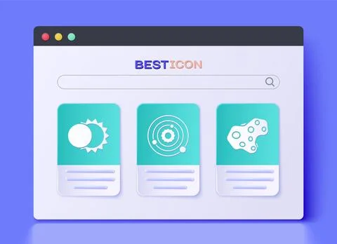 Set Solar system, Eclipse of the sun and Asteroid icon. Vector Illustrazione stock