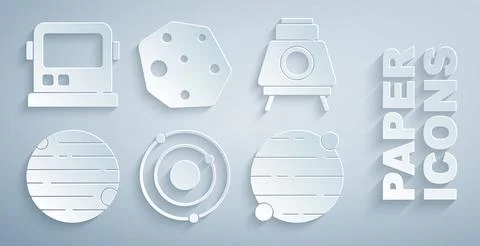 Set Solar system, Mars rover, Planet, Asteroid and Astronaut helmet icon. Vector 스톡 일러스트