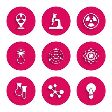 Set Solar system, Molecule, Light bulb with concept of idea, Atom, Test tube and Stock-Illustration