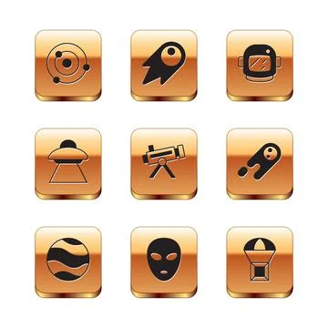 Set Solar system, Planet, Alien, Telescope, UFO flying spaceship, Astronaut Stock Illustration