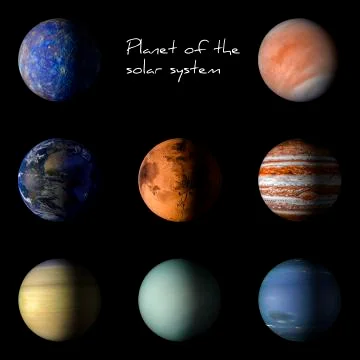 Set of solar system planets on black background 3d rendering. Stock Illustration