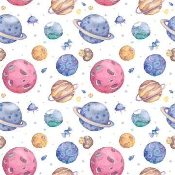Set of Solar system planets hand drawn illustration. Seamless space pattern b Stock Illustration