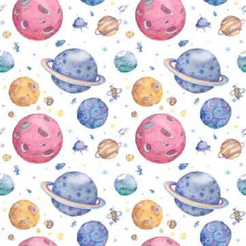 Set of Solar system planets hand drawn illustration. Seamless space pattern b Stock Illustration
