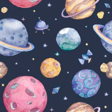 Set of Solar system planets hand drawn illustration. Seamless space pattern b Stock Illustration