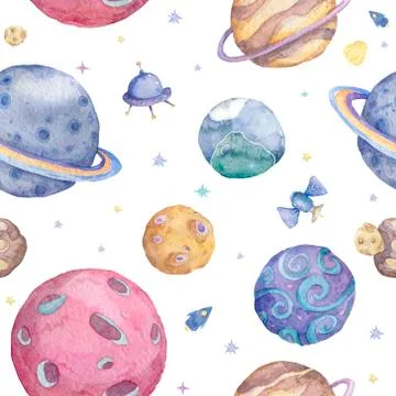 Set of Solar system planets hand drawn illustration. Seamless space pattern b Stock Illustration