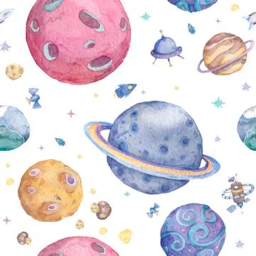 Set of Solar system planets hand drawn illustration. Seamless space pattern b Stock Illustration