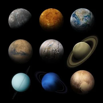Set of Solar System Planets isolated on black. Stock Photos