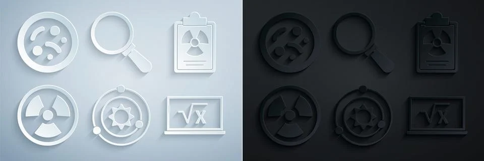 Set Solar system, Radiation warning document, Radioactive, Square root of x Illustrazione stock