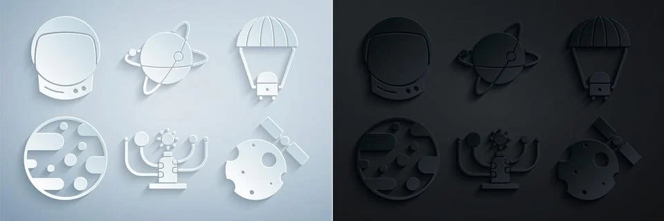 Set Solar system, Space capsule and parachute, Planet Mars, Satellites orbiti 스톡 일러스트