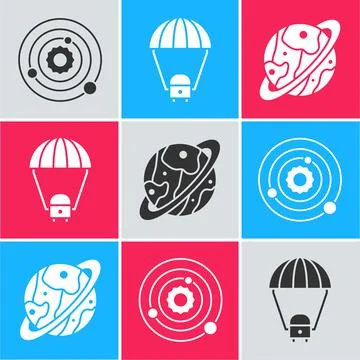 Set Solar system, Space capsule and parachute and Planet Saturn icon. Vector Stock Illustration