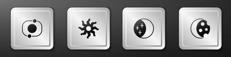 Set Solar system, Sun, Eclipse of the sun and icon. Silver square button. Vector Stock Illustration
