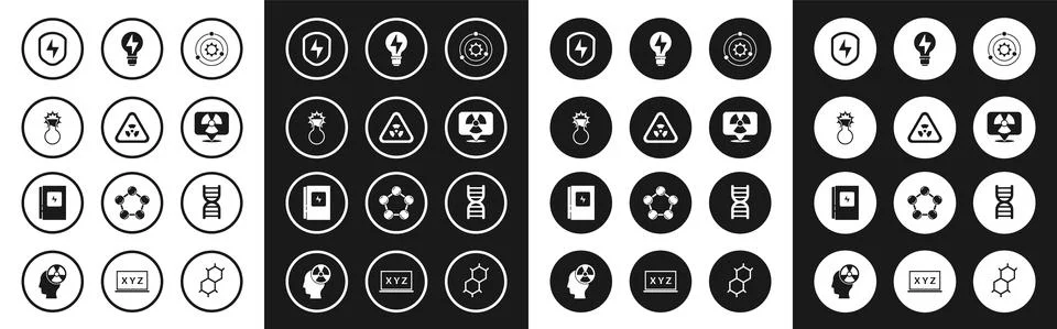 Set Solar system, Triangle with radiation, Test tube and flask, Secure shield Stock Illustration