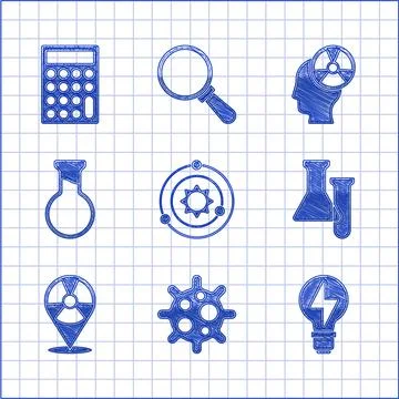 Set Solar system, Virus, Light bulb with lightning, Test tube and flask Stock Illustration