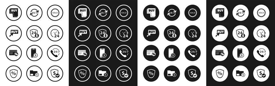 Set Sold label, Shield with dollar, Buy button, Clock 24 hours, Telephone s.. Stock Illustration
